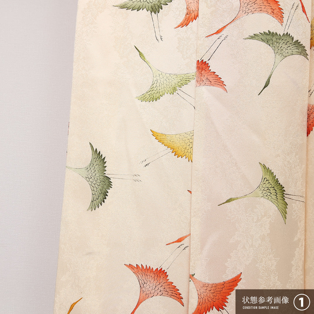 小紋 袷 身丈154cm 裄丈63cm 正絹 Aランク 紋意匠 (植物柄) インフォーマル 広衿 Sサイズ 鶴 クリーム系 RP 1221-13137