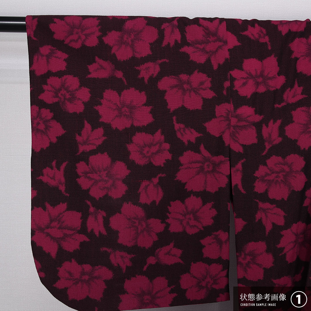 紬 単衣 身丈150cm 裄丈63cm 正絹 Sランク カジュアル 広衿 Sサイズ 肩当て 花柄 黒系 RP 1223-11286