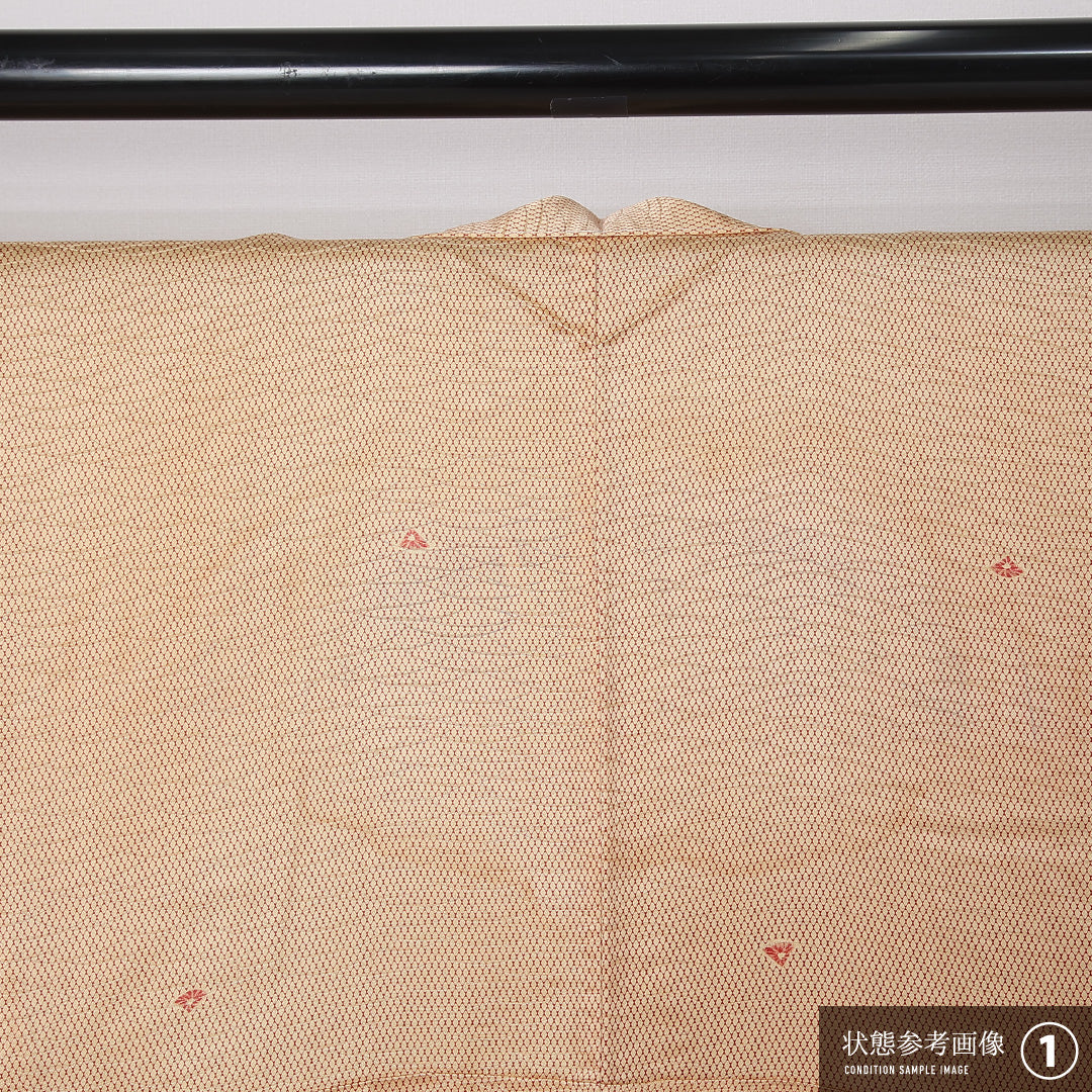 小紋 単衣 身丈156cm 裄丈62cm 正絹 Aランク インフォーマル 広衿 Mサイズ 扇 芝草 朱系 HP 1221-12181