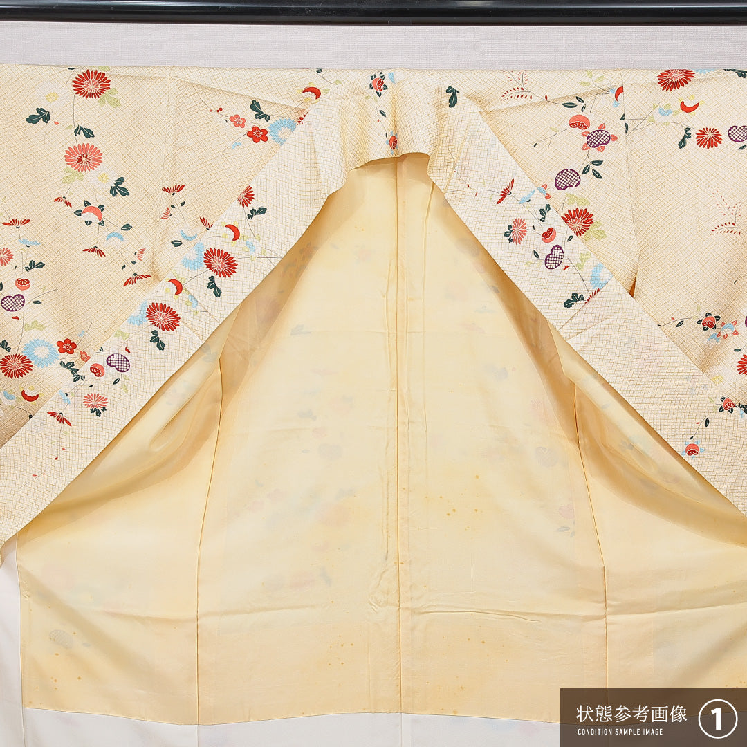 小紋 袷 身丈156cm 裄丈62cm 正絹 Aランク インフォーマル 広衿 Mサイズ 菊 クリーム系 HP 1221-15626