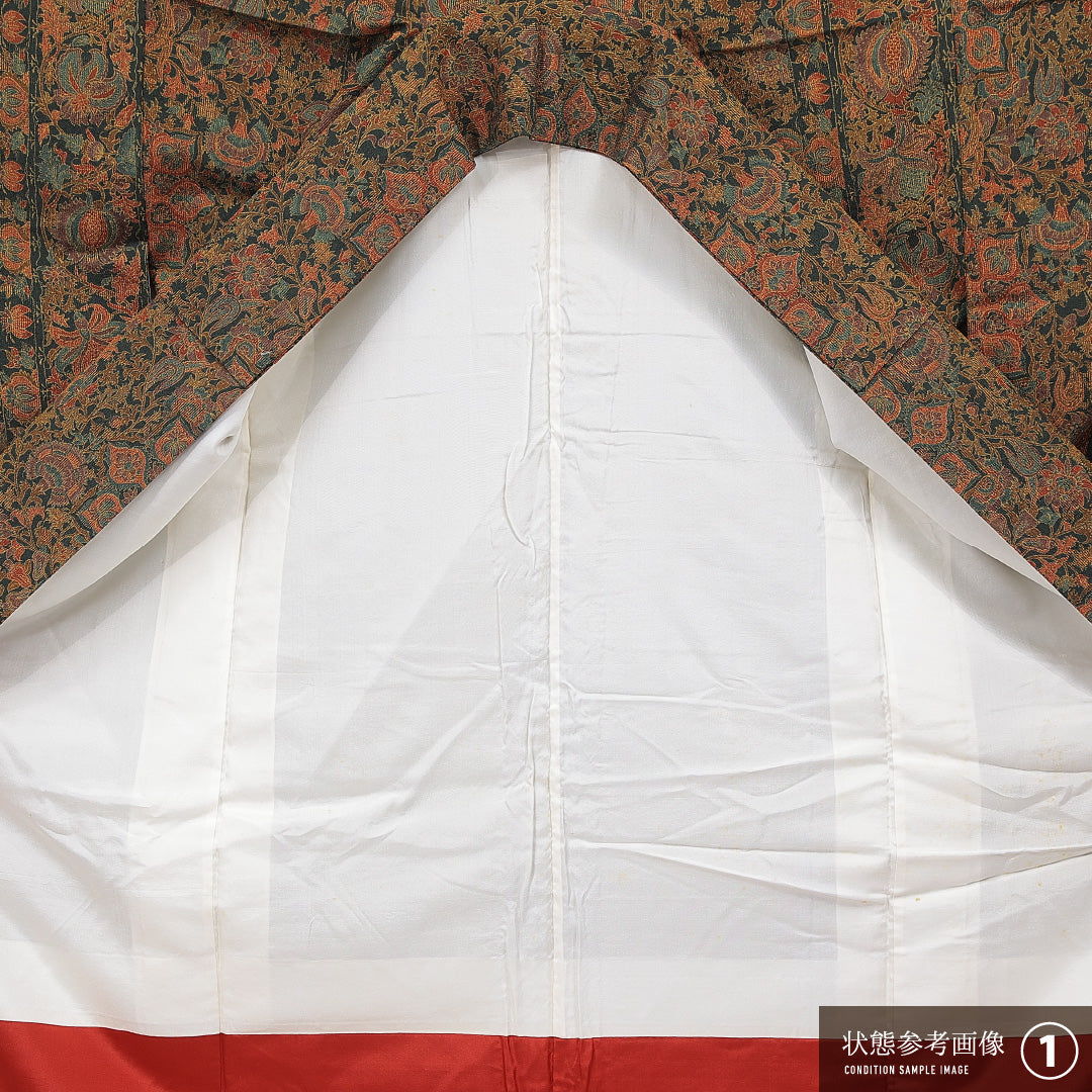 小紋 袷 身丈158cm 裄丈65cm 正絹 Aランク インフォーマル 広衿 Mサイズ 更紗文様 茶系 RP 1221-15621