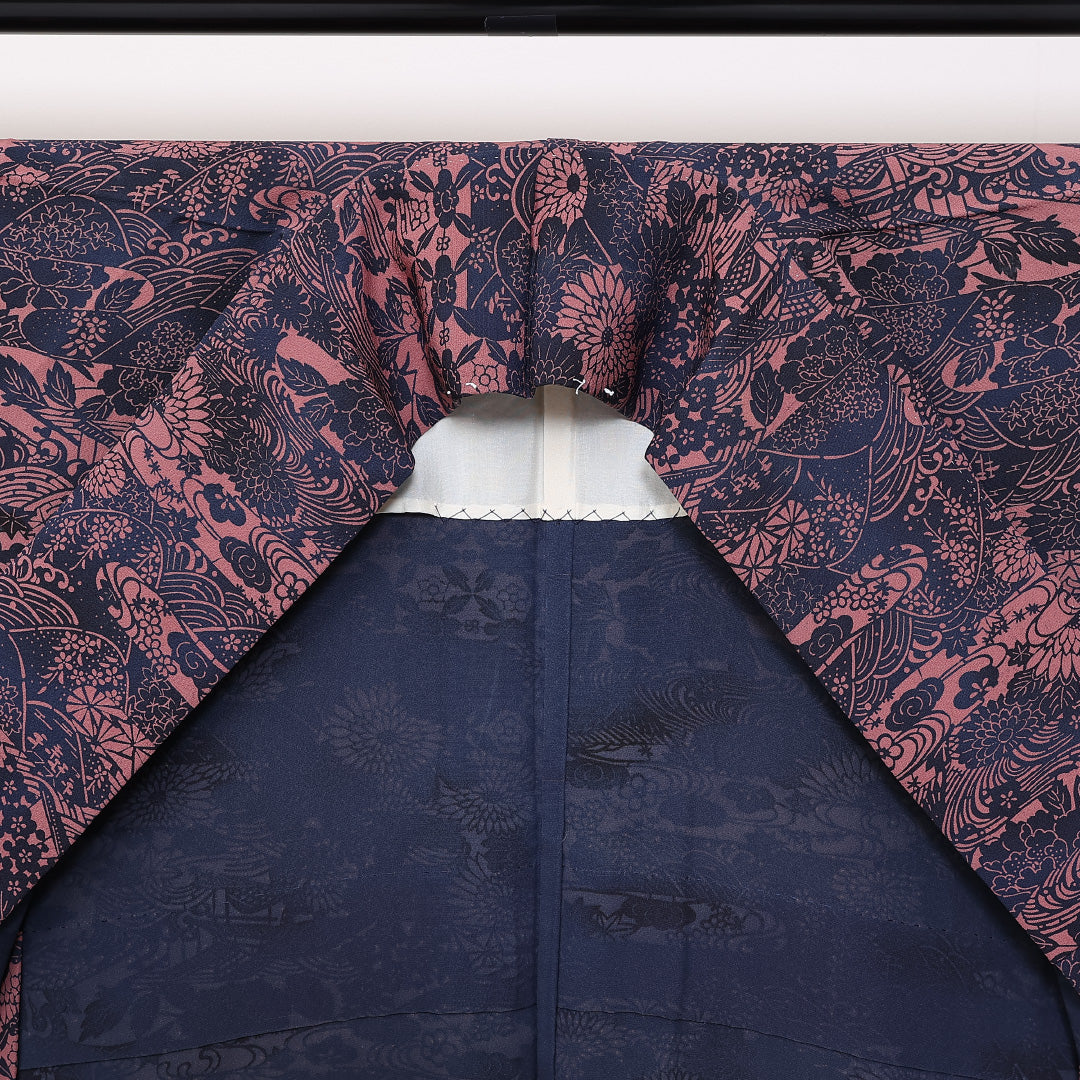 小紋 単衣 身丈160cm 裄65cm 正絹 阿波愛 藍染 作家物 紺系 ピンク系 落款 Aランク 1215-02429