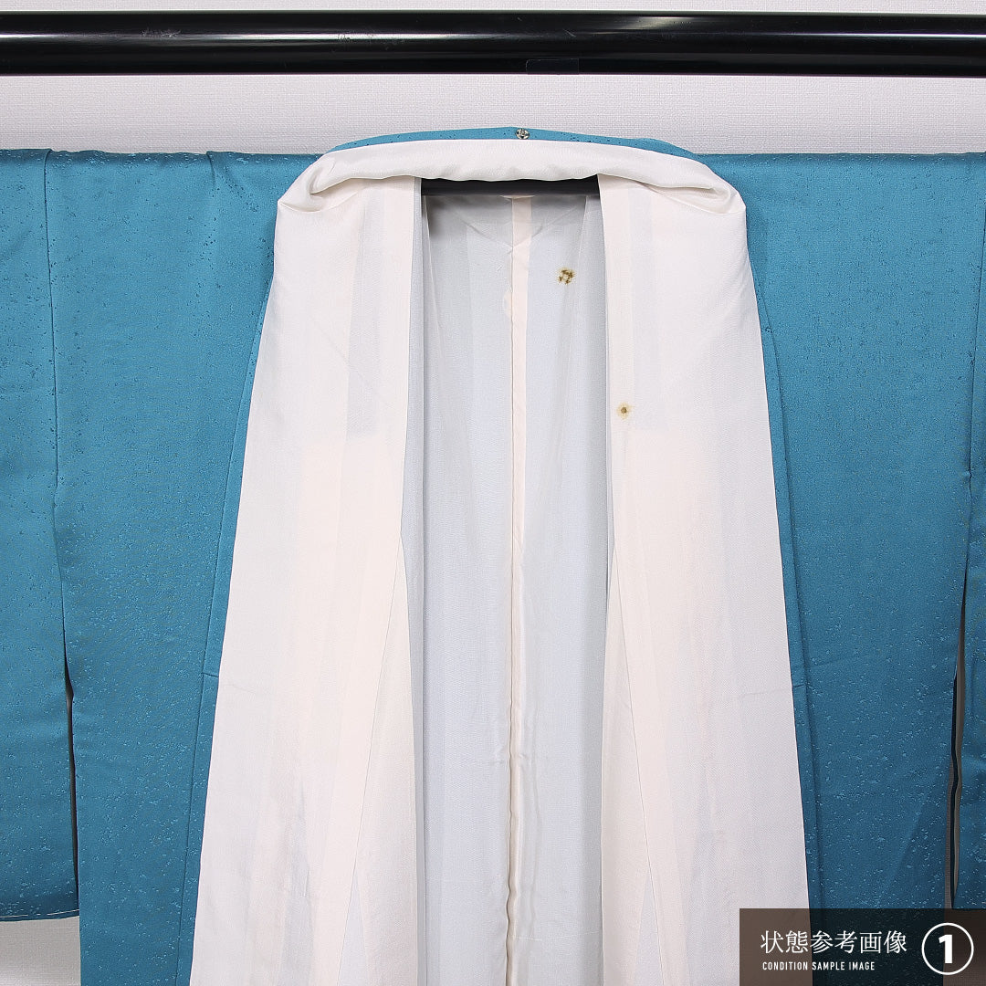色無地 袷 身丈162cm 裄丈64cm 正絹 Sランク 一つ紋（丸に違い鷹羽） セミフォーマル 広衿 Lサイズ 紋意匠 抽象柄 無地 上品 存在感 青系 RP 1219-11227