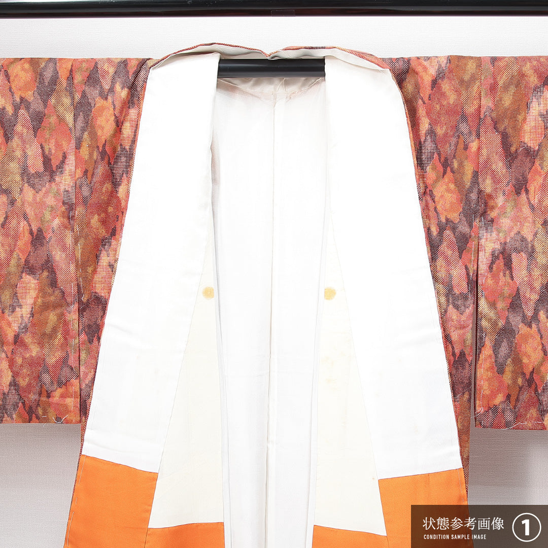 小紋 袷 身丈156cm 裄丈61cm 正絹 Aランク Mサイズ 広衿 インフォーマル 抽象柄 朱系 1215-14852