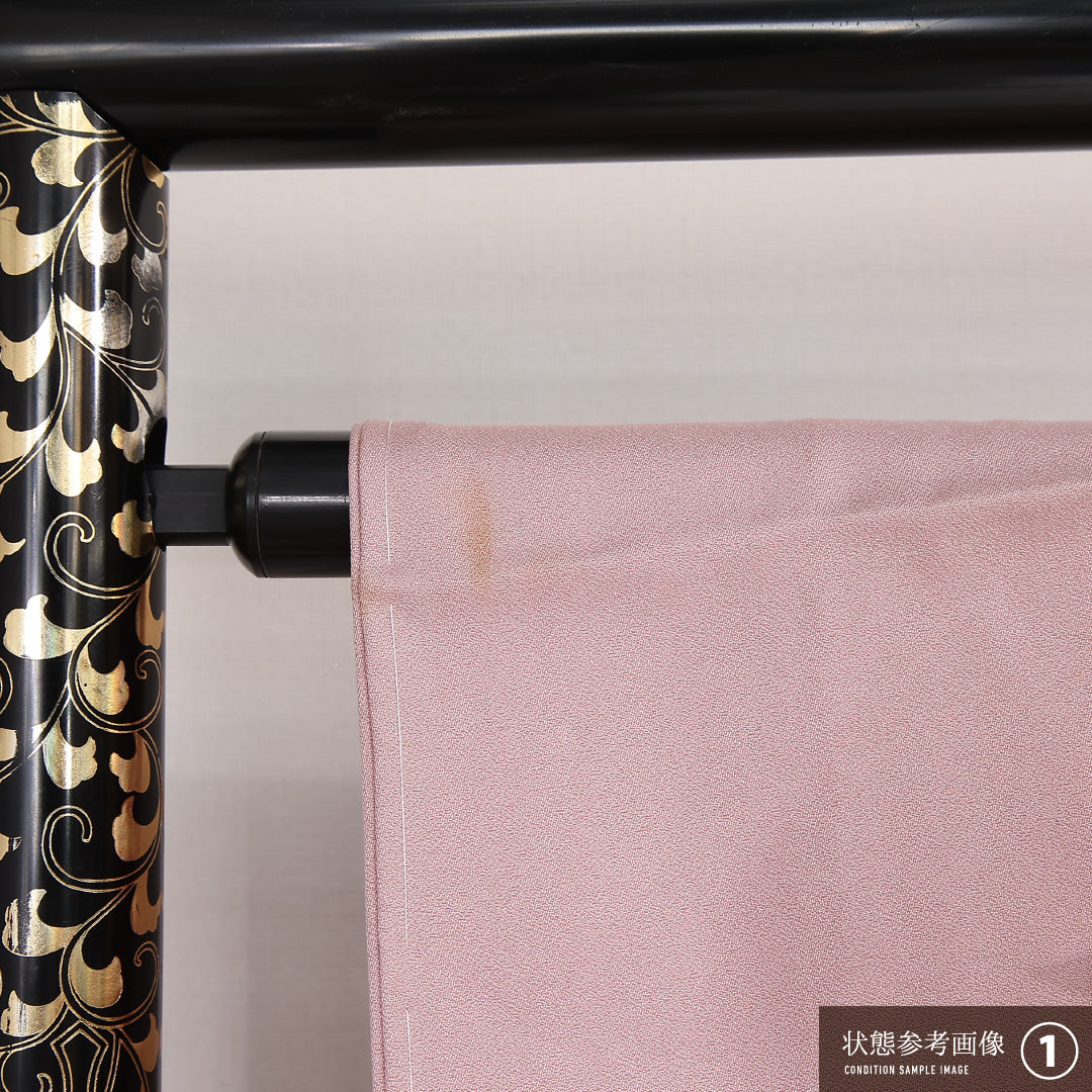 色留袖 三つ紋 違い鷹の羽 身丈162cm 裄丈65cm Aランク 正絹 袷 広衿 L 落款 しつけ糸 吉祥文様 扇 セミフォーマル ピンク系 1211-F0518