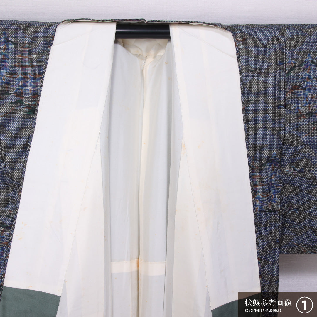 大島紬 袷 身丈143cm 裄丈62cm 正絹 Aランク インフォーマル 広衿 XSサイズ 経緯絣 寺院 グレー系 M4 1223-11533