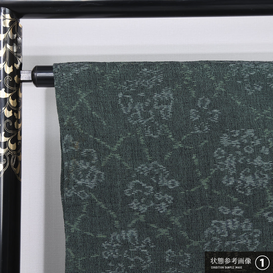 紬 単衣 身丈158cm 裄丈63cm 正絹 Aランク カジュアル 広衿 Mサイズ 創作柄 緑系 RP 1223-12204