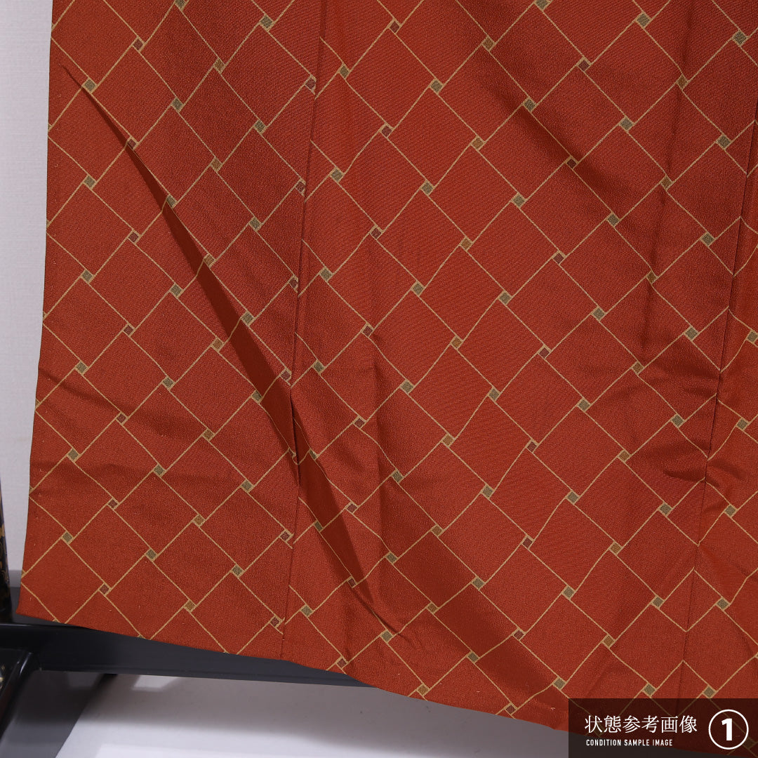 小紋 単衣 身丈160cm 裄丈65cm 正絹 Bランク インフォーマル 広衿 Lサイズ 菱 赤系 HP 1221-11758