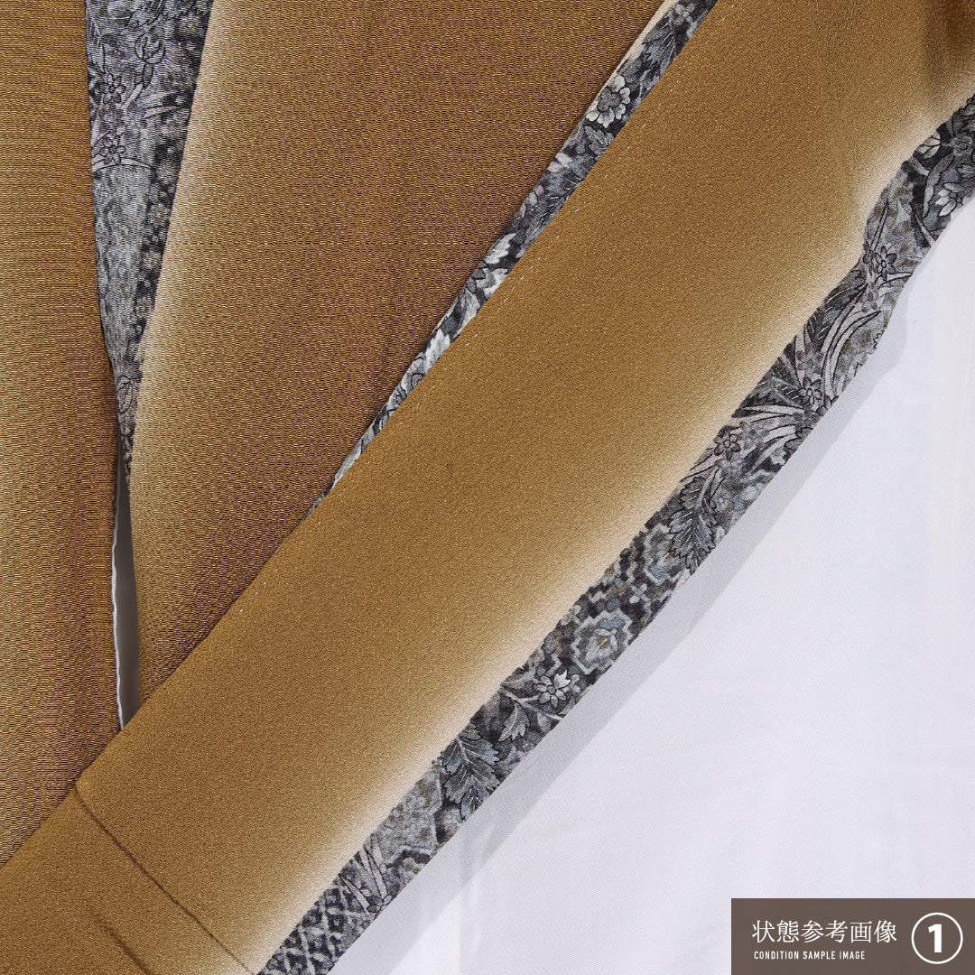 小紋 袷 身丈163cm 裄丈66cm 正絹 Aランク インフォーマル 広衿 Lサイズ 縞 黄系 RP 1221-11591