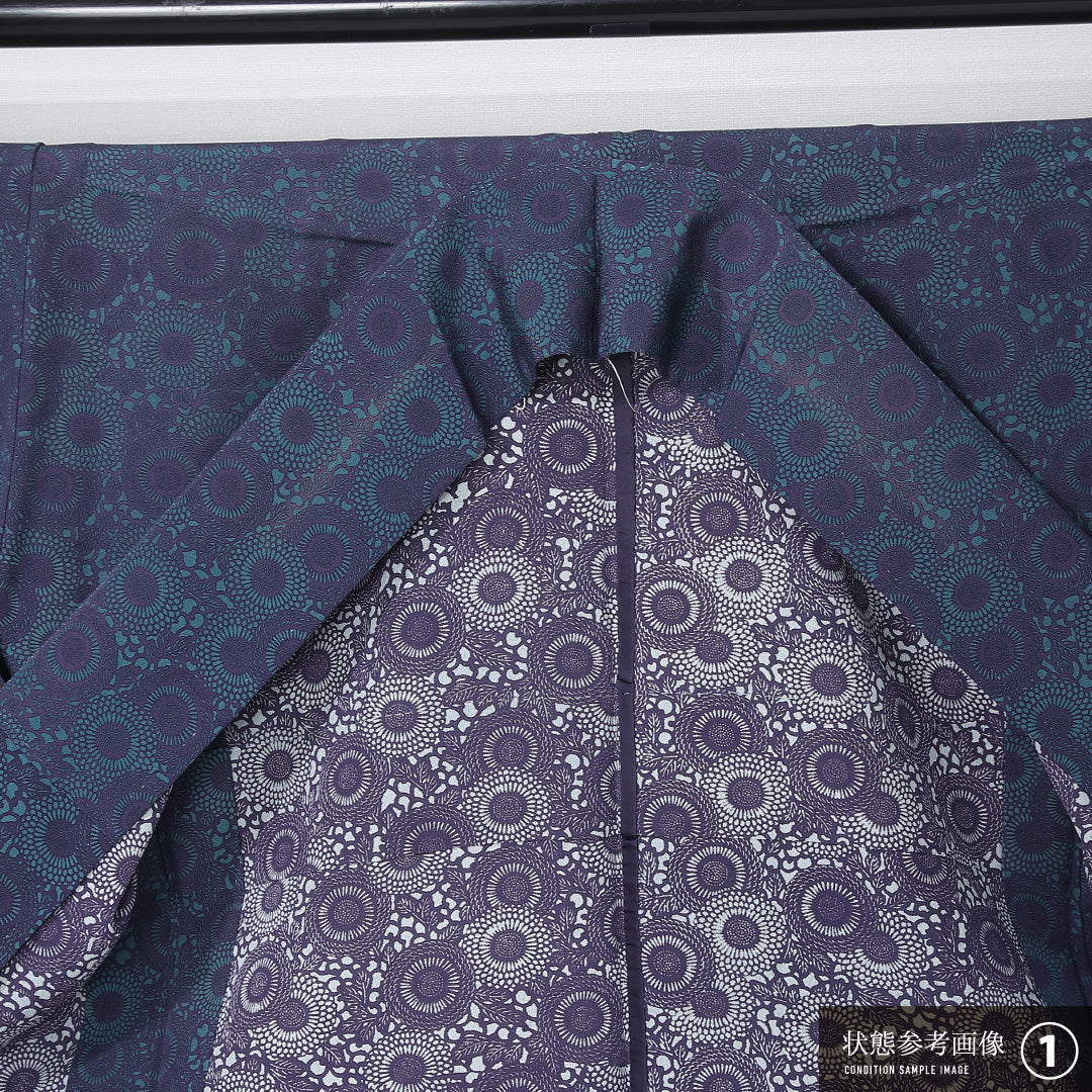 小紋 単衣 身丈154cm 裄丈62cm 正絹 Aランク インフォーマル 広衿 Sサイズ 向日葵 青系 RP 1221-12205