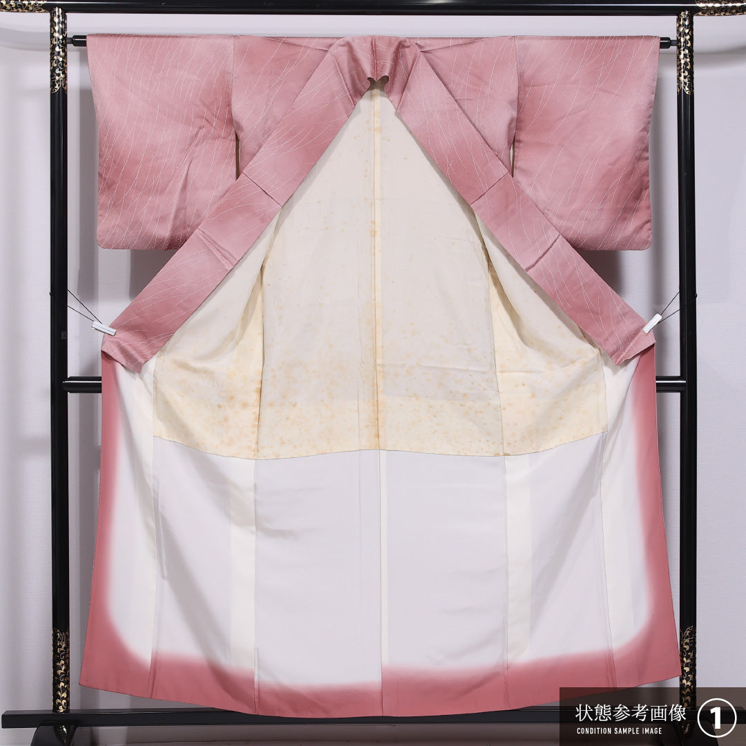小紋 袷 身丈155cm 裄丈63cm 正絹 Aランク インフォーマル 広衿 Mサイズ ぼかし染 芝草 ピンク系 HP 1221-11550