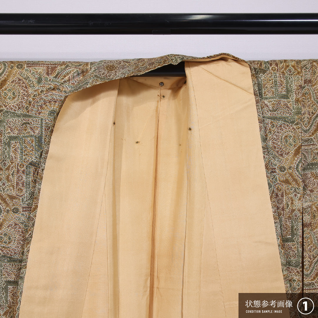 大島紬 袷 身丈161cm 裄丈62cm 正絹 Aランク インフォーマル 広衿 Lサイズ 経緯絣 創作柄 黄系 RP 1223-11826