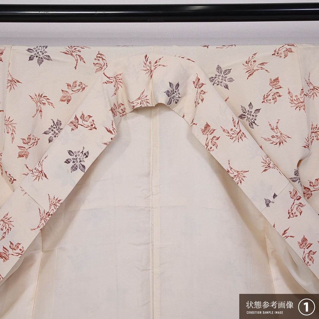 小紋 (ちりめん) 袷 身丈156cm 裄丈59cm 正絹 Bランク インフォーマル 広衿 Mサイズ 植物柄 ちりめん クリーム系 LP 1221-11250