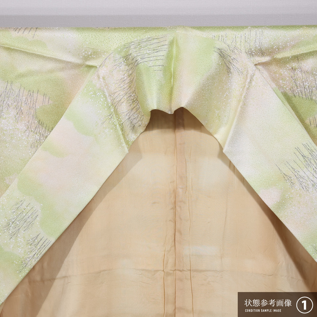 小紋 袷 身丈158cm 裄丈64cm 正絹 Aランク インフォーマル 広衿 Mサイズ 山 雲取り 緑系 HP 1221-11741