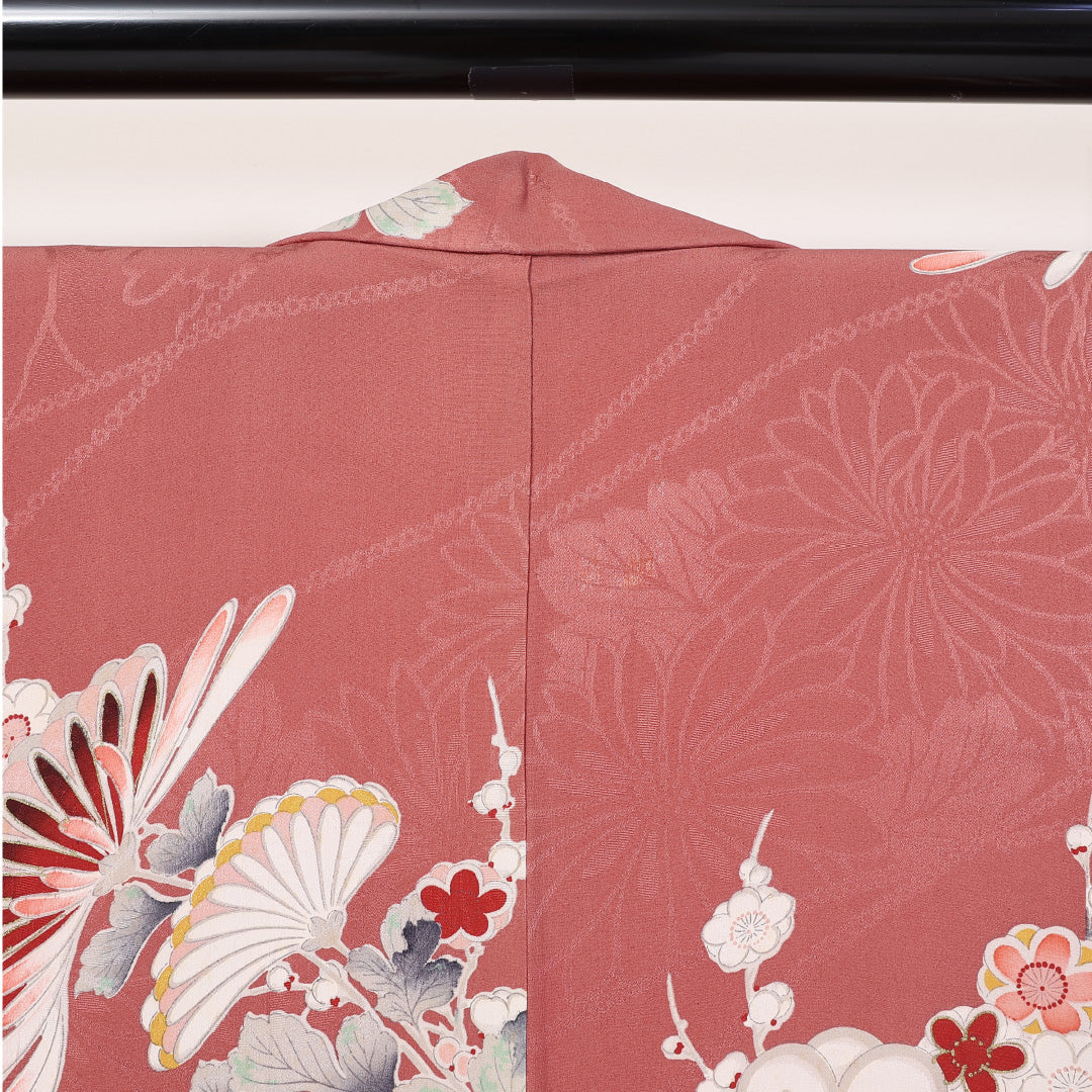 アンティーク 小紋 袷 身丈154cm 裄62.5cm 正絹 梅や菊 ピンク系 Cランク 1215-02299