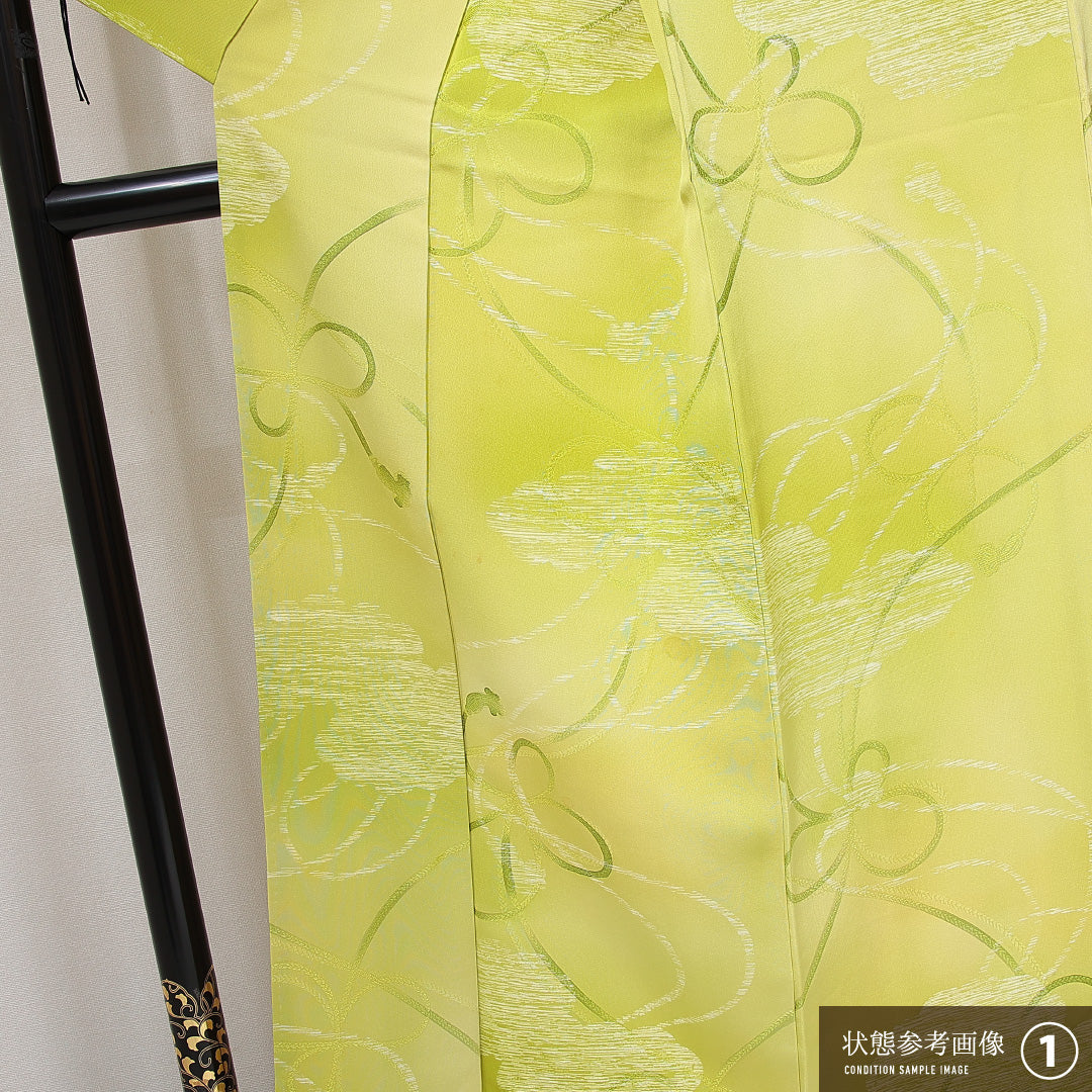 小紋 袷 身丈157cm 裄丈64cm 正絹 Bランク Mサイズ 広衿 インフォーマル 組紐 緑系 1215-14958