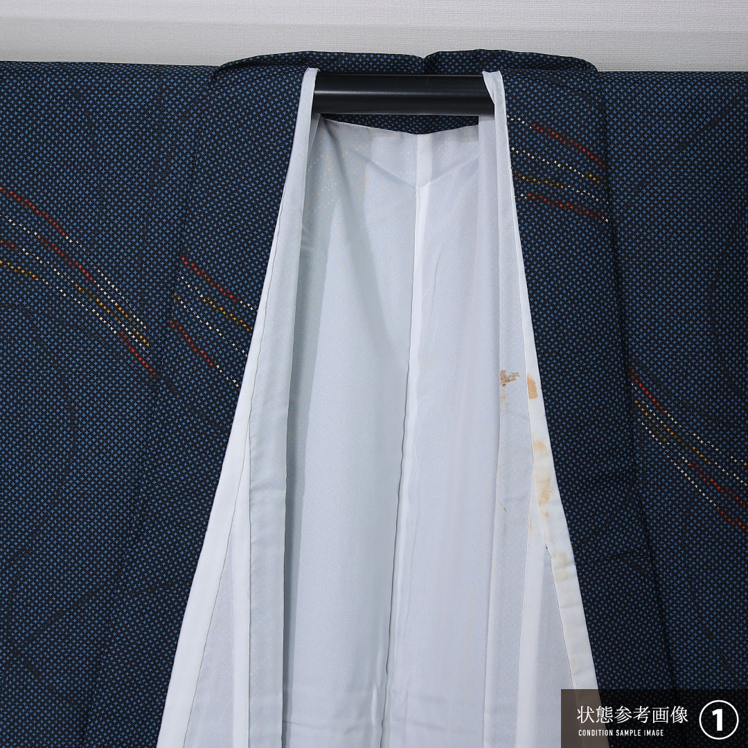 小紋 身丈158cm 裄丈64cm Aランク M ポリエステル 洗える着物 袷 バチ衿 創作 カジュアル 紺系 1215-12373