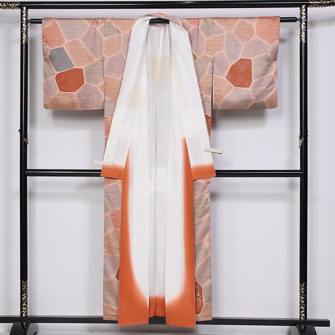 付下げ 袷 身丈154cm 裄丈63cm 正絹 Sランク インフォーマル 広衿 Sサイズ 金彩 刺繍 菊 梅 朱系 RP 1218-10225