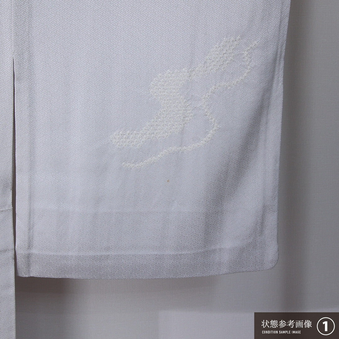 訪問着 身丈159cm 裄丈63cm Bランク M 正絹 単衣 広衿 一つ紋 梅鉢 蘇州刺繍 扇 菊 牡丹 部分絞り フォーマル グレー系 1212-12236