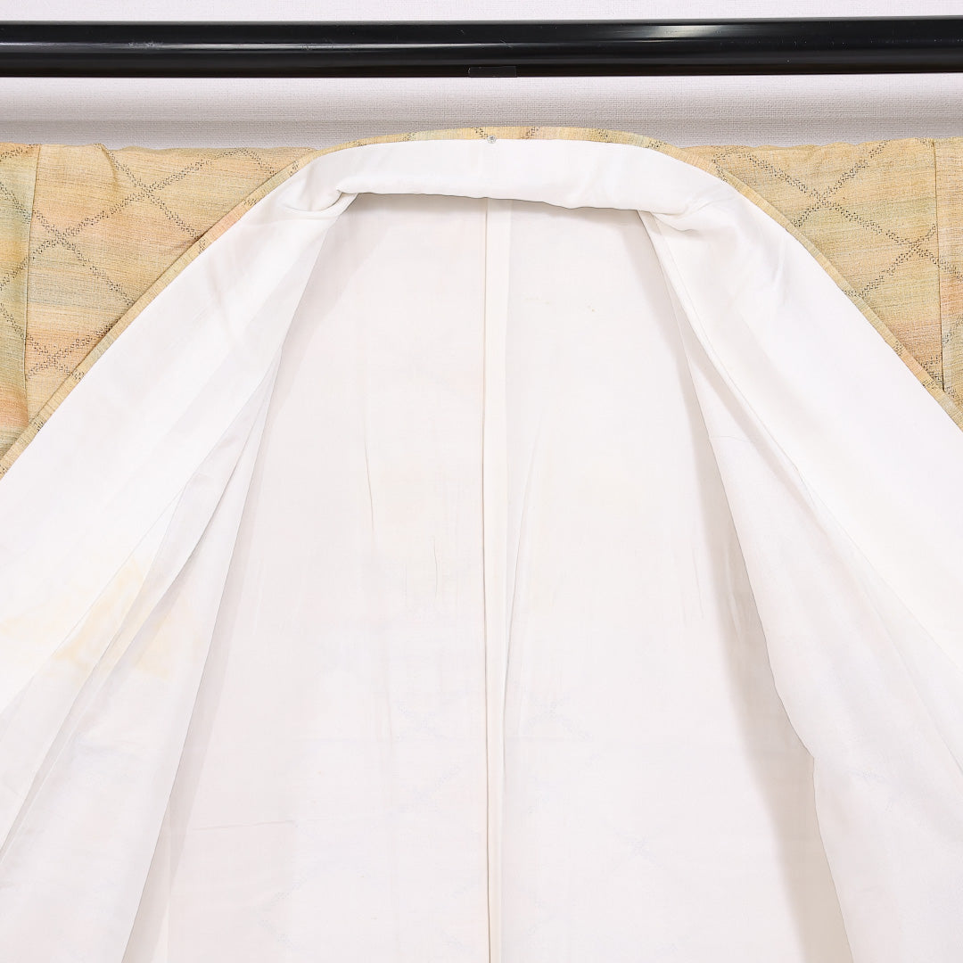 紬 袷 身丈154.5cm 裄62.5cm 正絹 真綿紬 格子 黄系 Aランク 1216-01439
