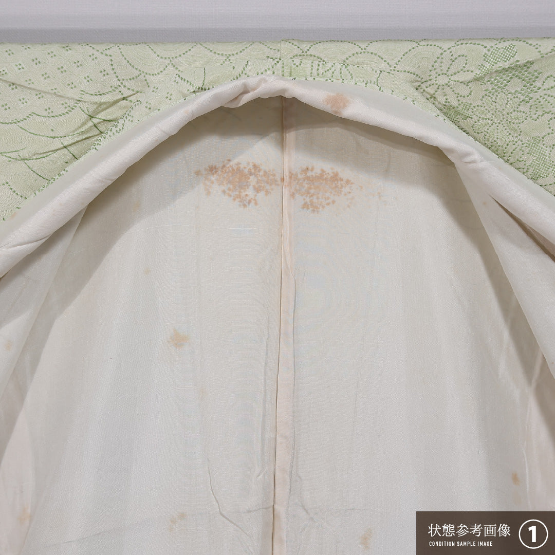 小紋 袷 身丈159cm 裄丈66cm 正絹 Bランク 一つ紋 (木瓜) セミフォーマル 広衿 Mサイズ 雲取り 菱 菊 芝草 緑系 RP 1221-11873