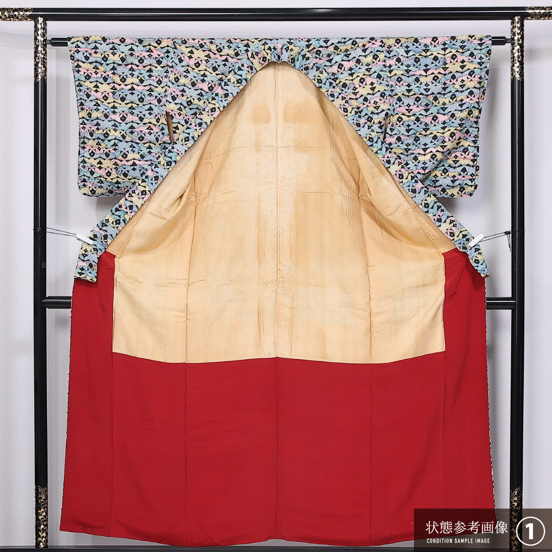 小紋 袷 身丈156cm 裄丈61cm 正絹 Aランク インフォーマル バチ衿 Mサイズ 蝶 橘 水色系 RP 1221-11351
