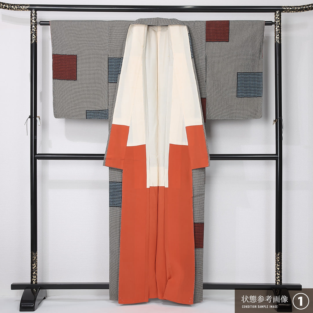 紬 袷 身丈161cm 裄丈65cm 正絹 Aランク カジュアル 広衿 Lサイズ 創作柄 グレー系 HP 1223-12402