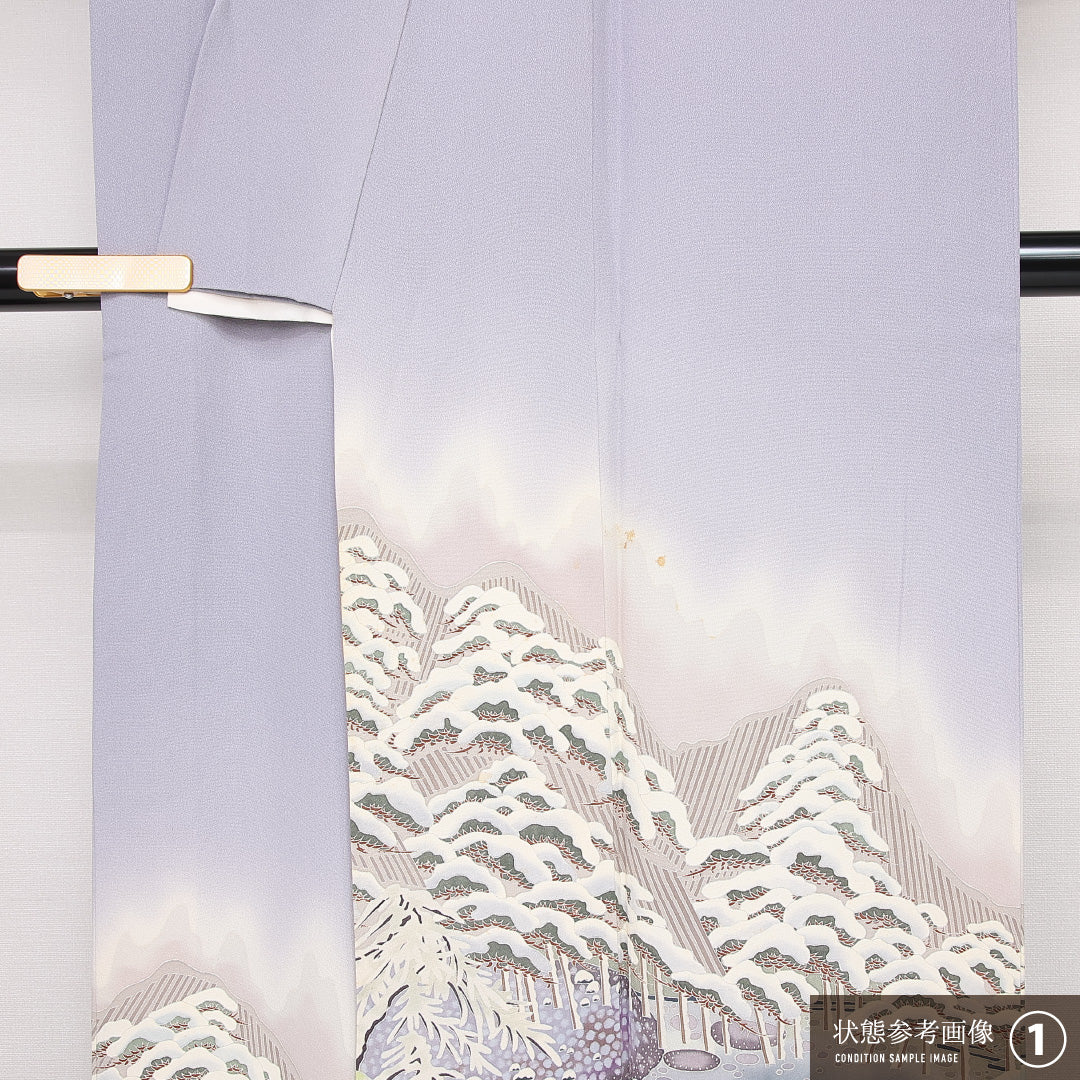 色留袖 三つ紋 丸に木瓜 加賀友禅作家 村田雪司 身丈158cm 裄丈66cm Bランク 正絹 広衿 M 落款 雪の兼六園 セミフォーマル 独創的 格調高い 紫系 1211-F0534