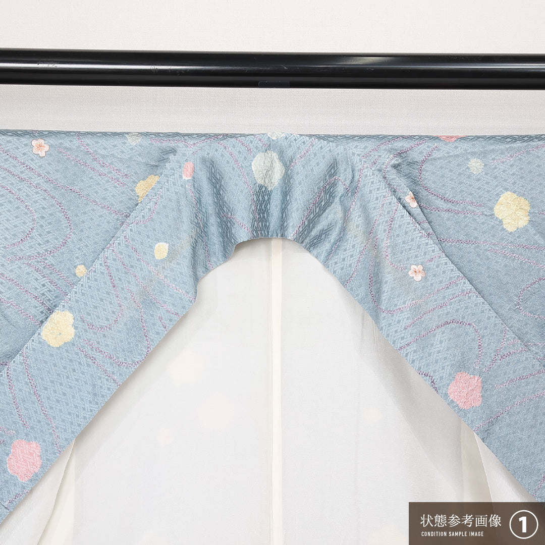 小紋 袷 身丈146cm 裄丈62cm 正絹 Bランク インフォーマル 広衿 XSサイズ 刺繍 流水 桜 桜 水色系 RP 1221-13115