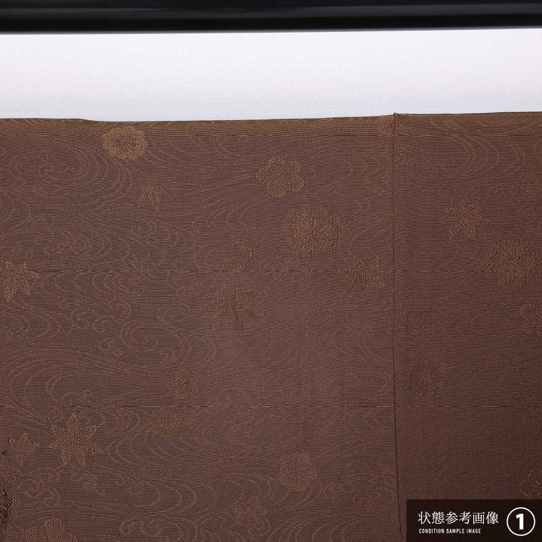 色無地 袷 身丈150cm 裄丈63cm 正絹 Bランク 一つ紋 (片喰) セミフォーマル 広衿 Sサイズ 観世水 梅 楓 無地 茶系 RP 1219-11190