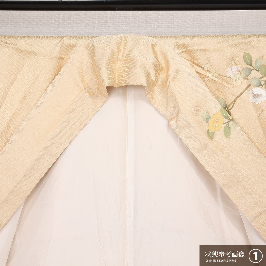 訪問着 袷 身丈169cm 裄丈63cm Sランク 正絹 XLサイズ セミフォーマル 蘇州刺繍 汕頭刺繍 吉祥文様 花柄 クリーム系 金系 上品 華やか 1212-13208