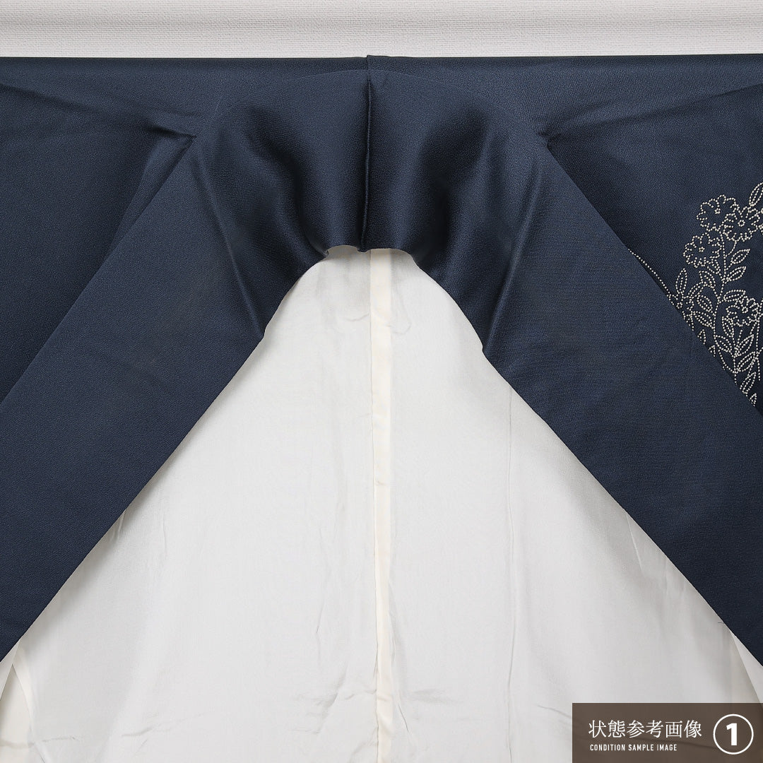 訪問着 袷 身丈148cm 裄丈61cm Aランク 正絹 広衿 XSサイズ セミフォーマル 蘇州刺繍 菊 上品 落ち着き 紺系 1212-13597