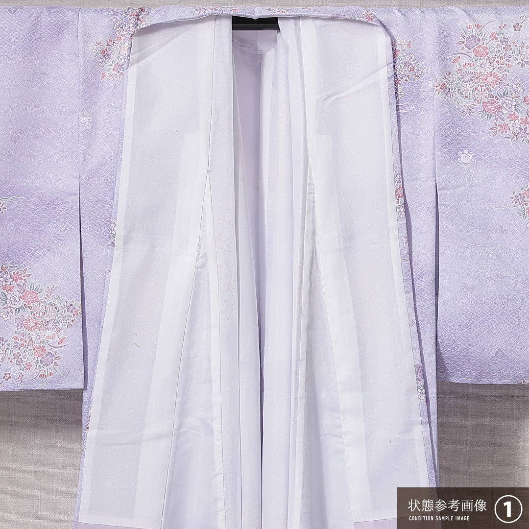 小紋 洗える着物 袷 身丈161cm 裄丈63cm ポリエステル Sランク Lサイズ 広衿 インフォーマル 花車 紫系 1215-14827