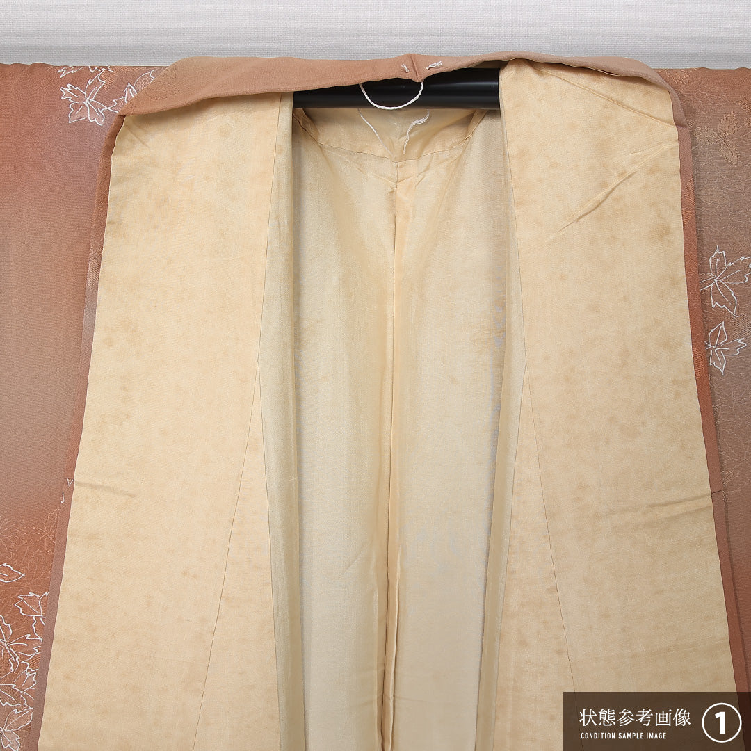 小紋 袷 身丈149cm 裄丈61cm 正絹 Aランク インフォーマル 広衿 XSサイズ ぼかし染 花柄 茶系 HP 1221-11935