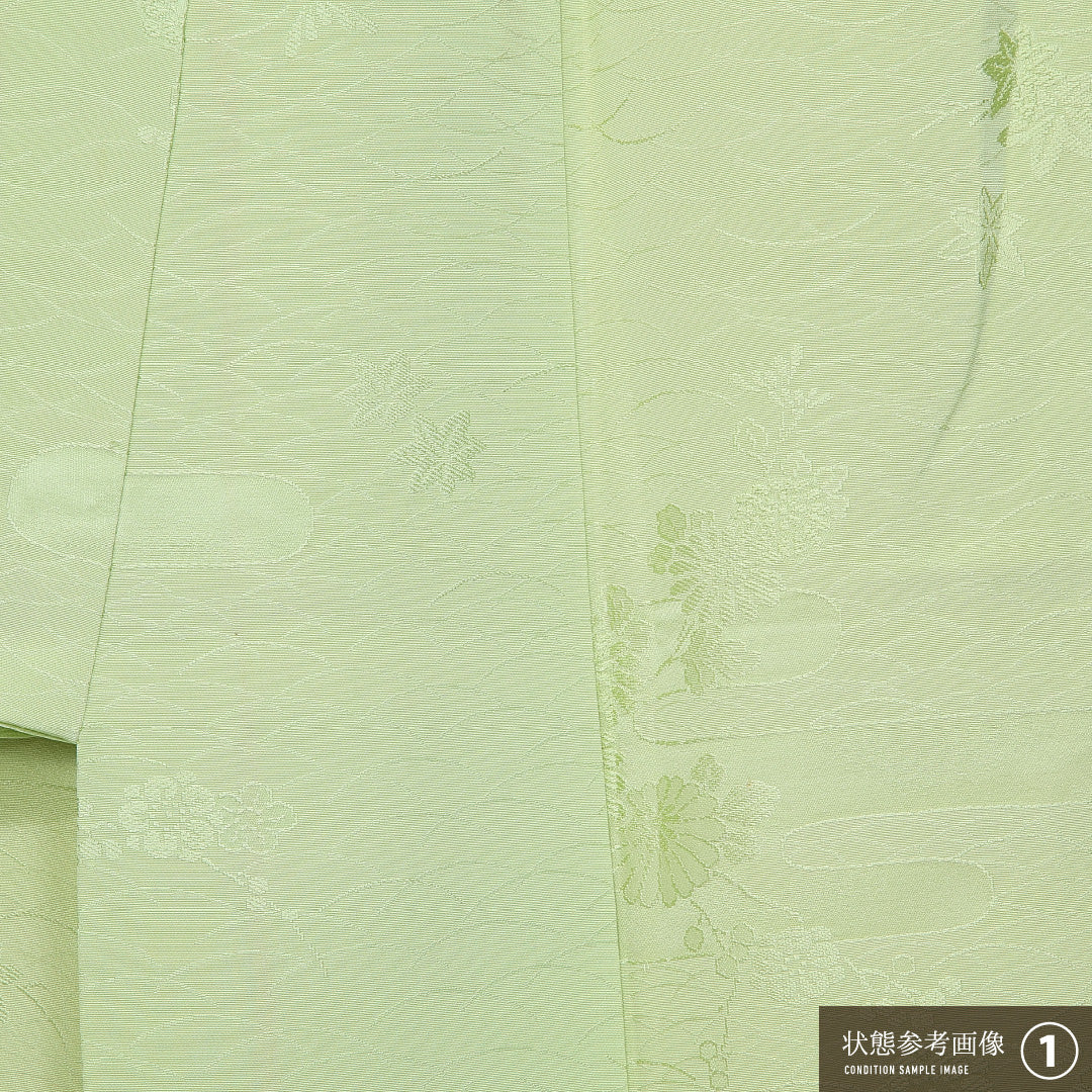 色無地 袷 身丈149cm 裄丈62cm 正絹 Aランク 紋意匠 (吉祥文様) インフォーマル 広衿 XSサイズ エ霞 菊 紅葉 緑系 HP 1219-11386