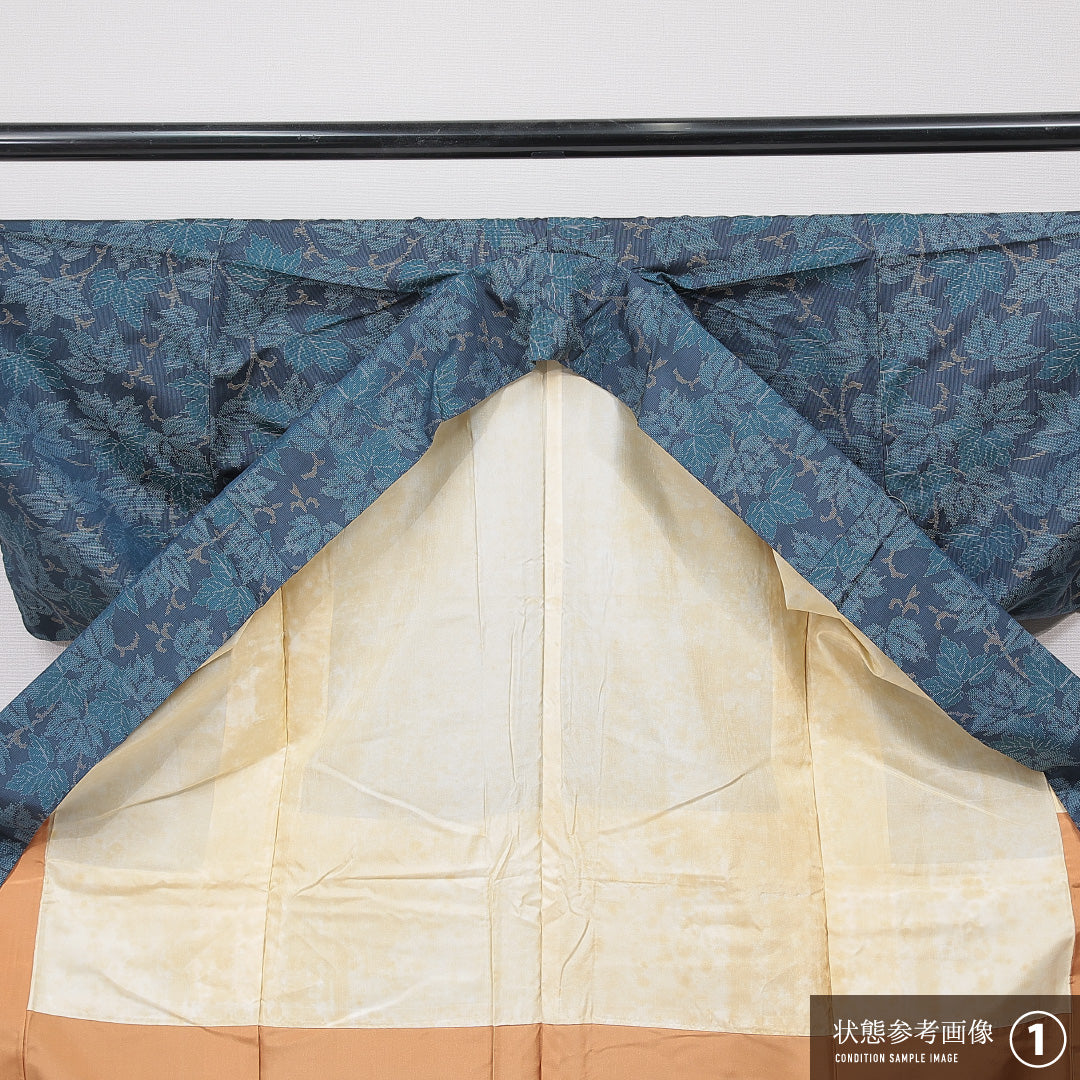 大島紬 袷 身丈151cm 裄丈65cm 正絹 Aランク インフォーマル 広衿 Sサイズ 経緯絣 植物柄 青系 RP 1223-15607