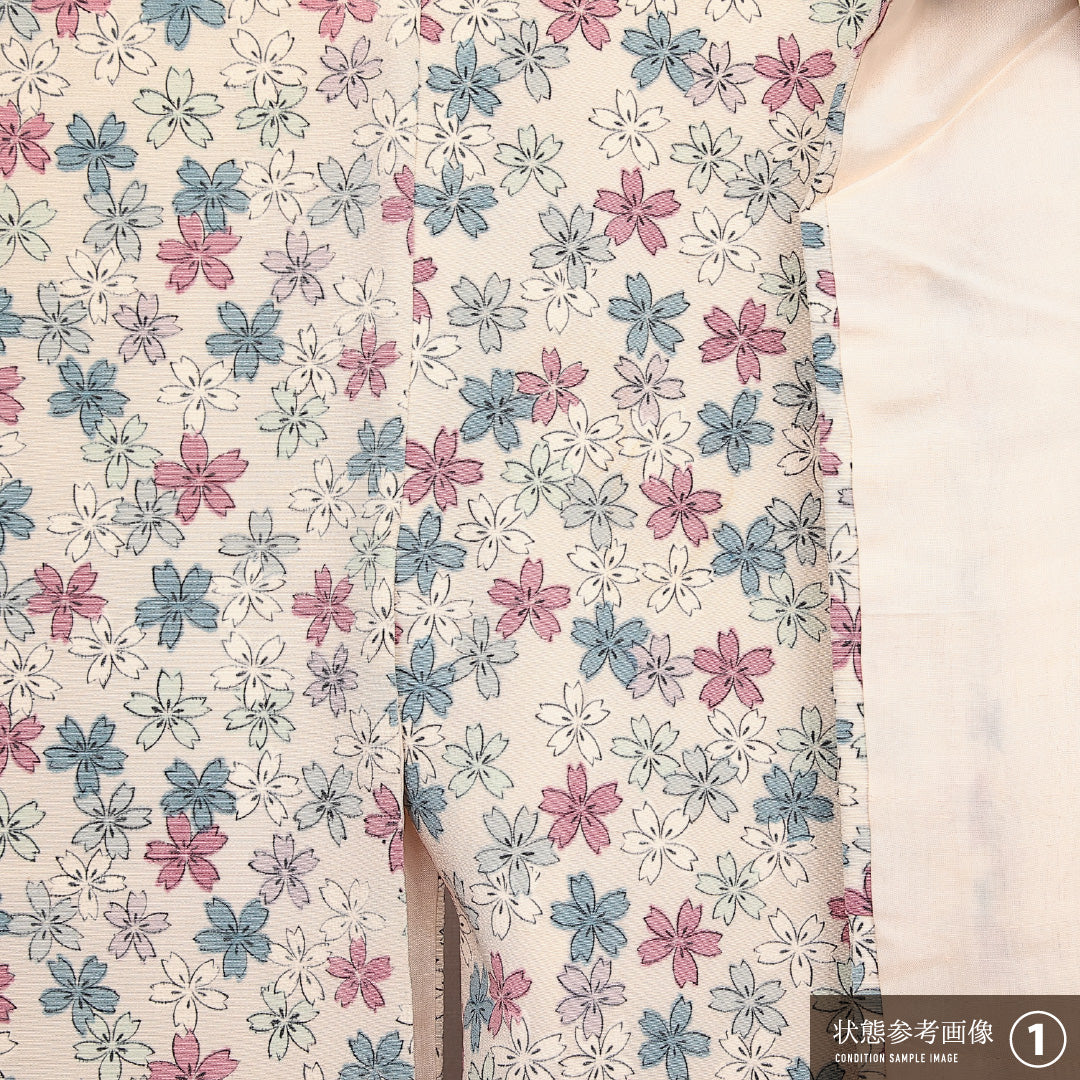 小紋 袷 身丈149cm 裄丈62cm 正絹 Aランク インフォーマル 広衿 XSサイズ 桜 クリーム系 RP 1221-14086