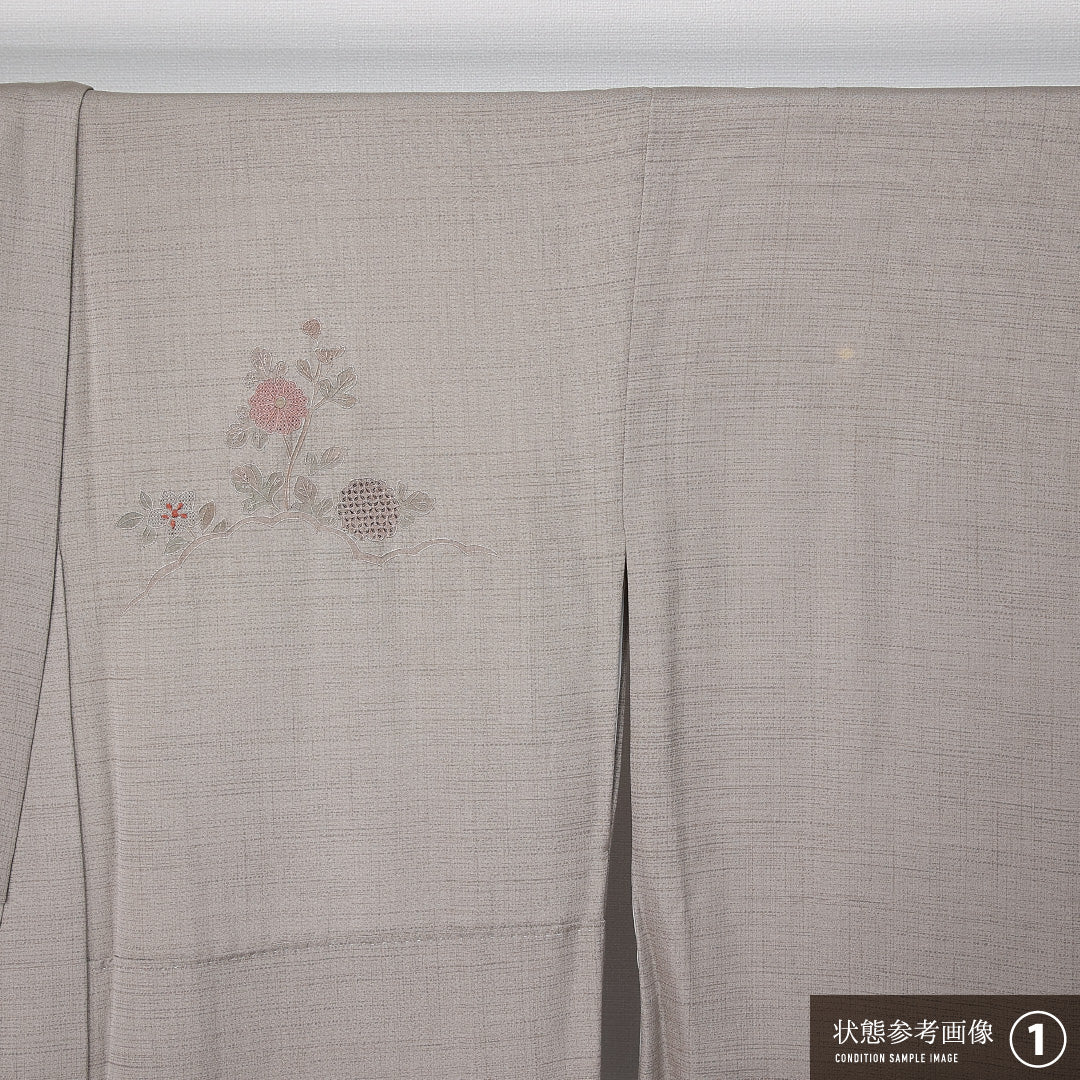 訪問着 身丈165cm 裄丈68cm Bランク XL 正絹 袷 広衿 蘇州刺繍 相良刺繍 汕頭刺繍 御所車 ぼかし 菊 松 セミフォーマル グレー系 1212-12035