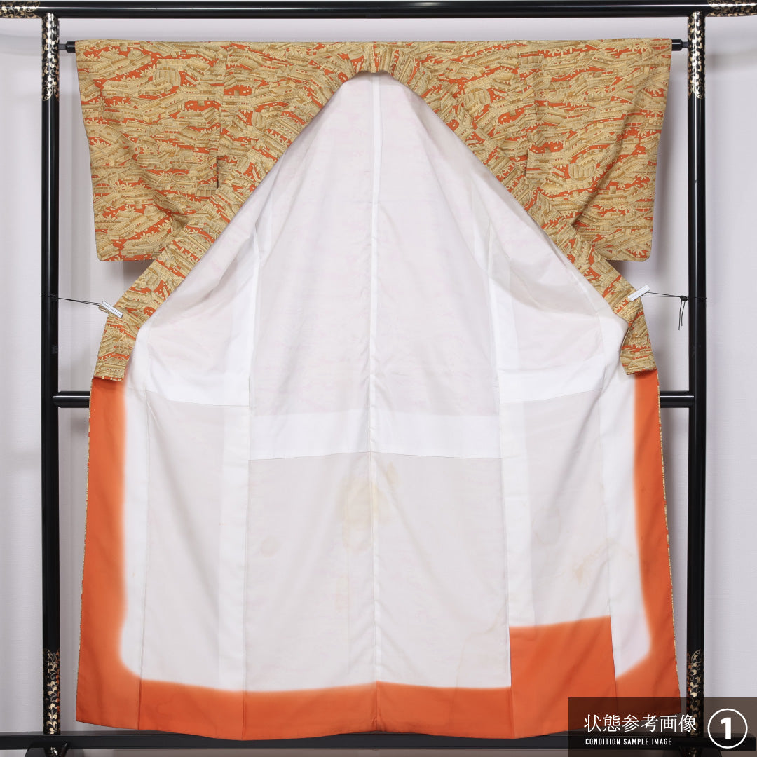 小紋 袷 身丈157cm 裄丈64cm 正絹 Aランク インフォーマル バチ衿 Mサイズ 御所解 黄系 RP 1221-11406