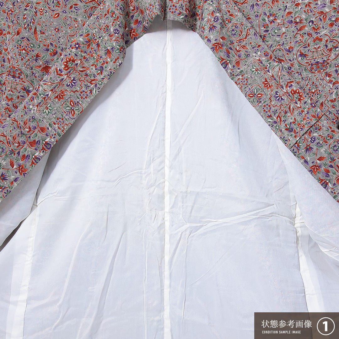 小紋 袷 身丈155cm 裄丈64cm 正絹 Aランク インフォーマル 広衿 Mサイズ 更紗 花柄 グレー系 RP 1221-14916