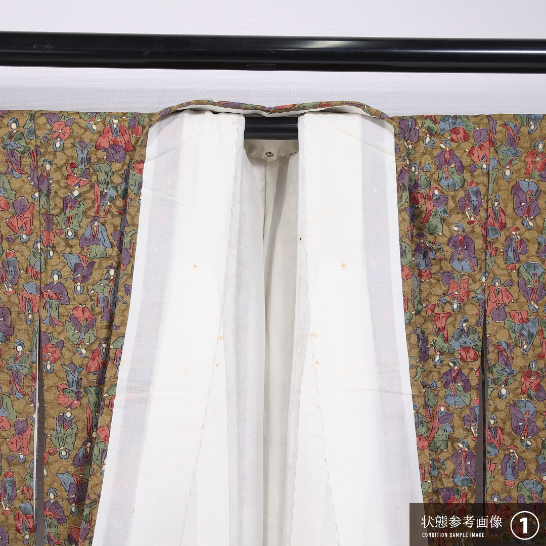 小紋 袷 身丈155cm 裄丈64cm 正絹 Aランク インフォーマル 広衿 Mサイズ 人物 花柄 緑系 HP 1221-11736