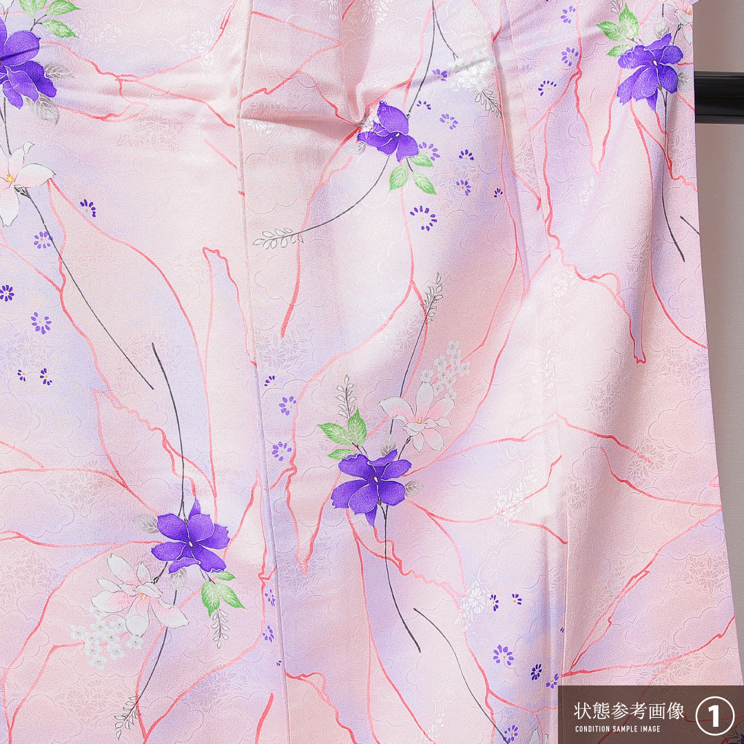 小紋 洗える着物 袷 身丈160cm 裄丈62cm ポリエステル Aランク Lサイズ 広衿 インフォーマル 花柄 ピンク系 紫系 1215-14973
