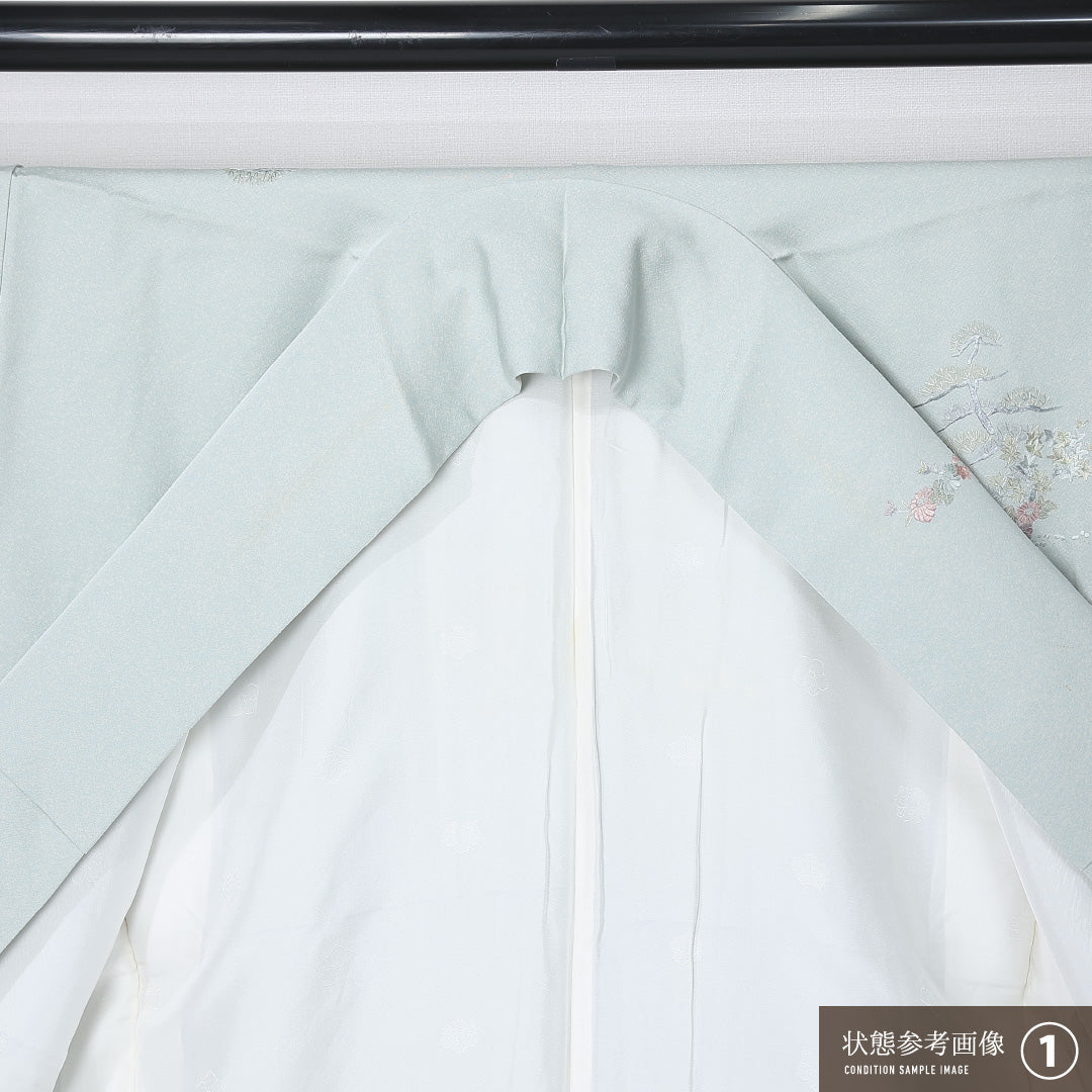 訪問着 身丈154cm 裄丈63.5cm Aランク S 正絹 袷 広衿 一つ紋 五三桐 落款 翠山刺繍 刺繍 ぼかし染 フォーマル 緑系 1212-12198