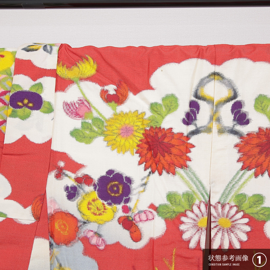 アンティーク 紬（銘仙） 袷 身丈149cm 裄丈64cm 正絹 Dランク XSサイズ バチ衿 梅 赤系 1216-15612