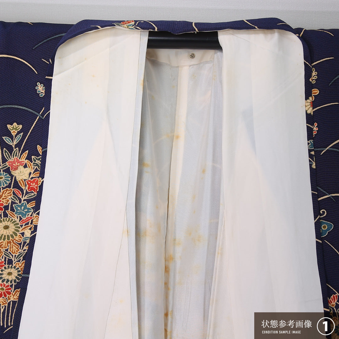 小紋 袷 身丈162cm 裄丈65cm 正絹 Aランク インフォーマル バチ衿 Lサイズ 蝶 芝草 花柄 紺系 HP 1221-12376