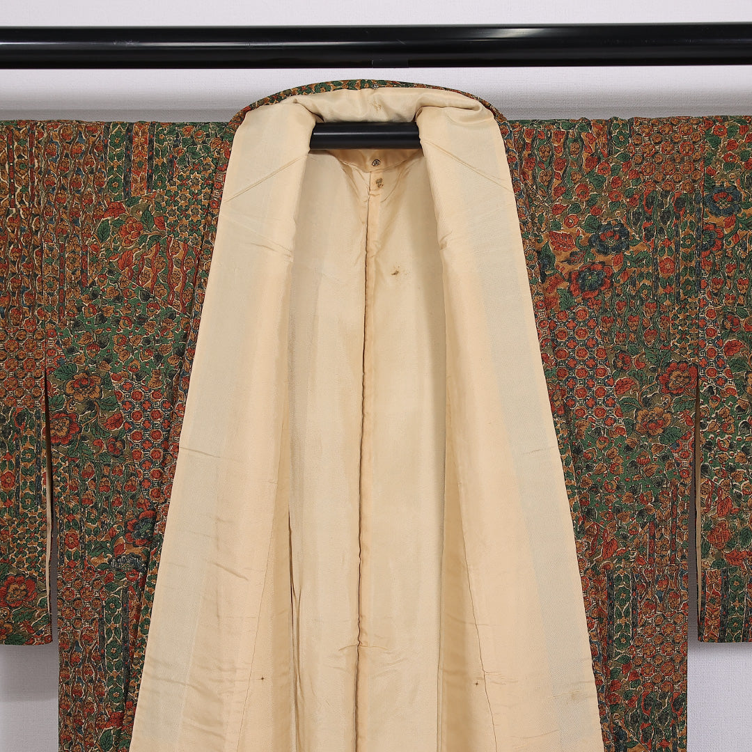 小紋 袷 身丈156cm 裄64cm 正絹 緑系 茶系 Sランク 1215-02480