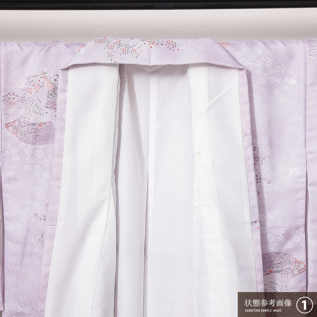 小紋 洗える着物 袷 身丈159cm 裄丈64cm ポリエステル Sランク Mサイズ 広衿 インフォーマル 扇 橘 しつけ糸 紫系 1215-14819