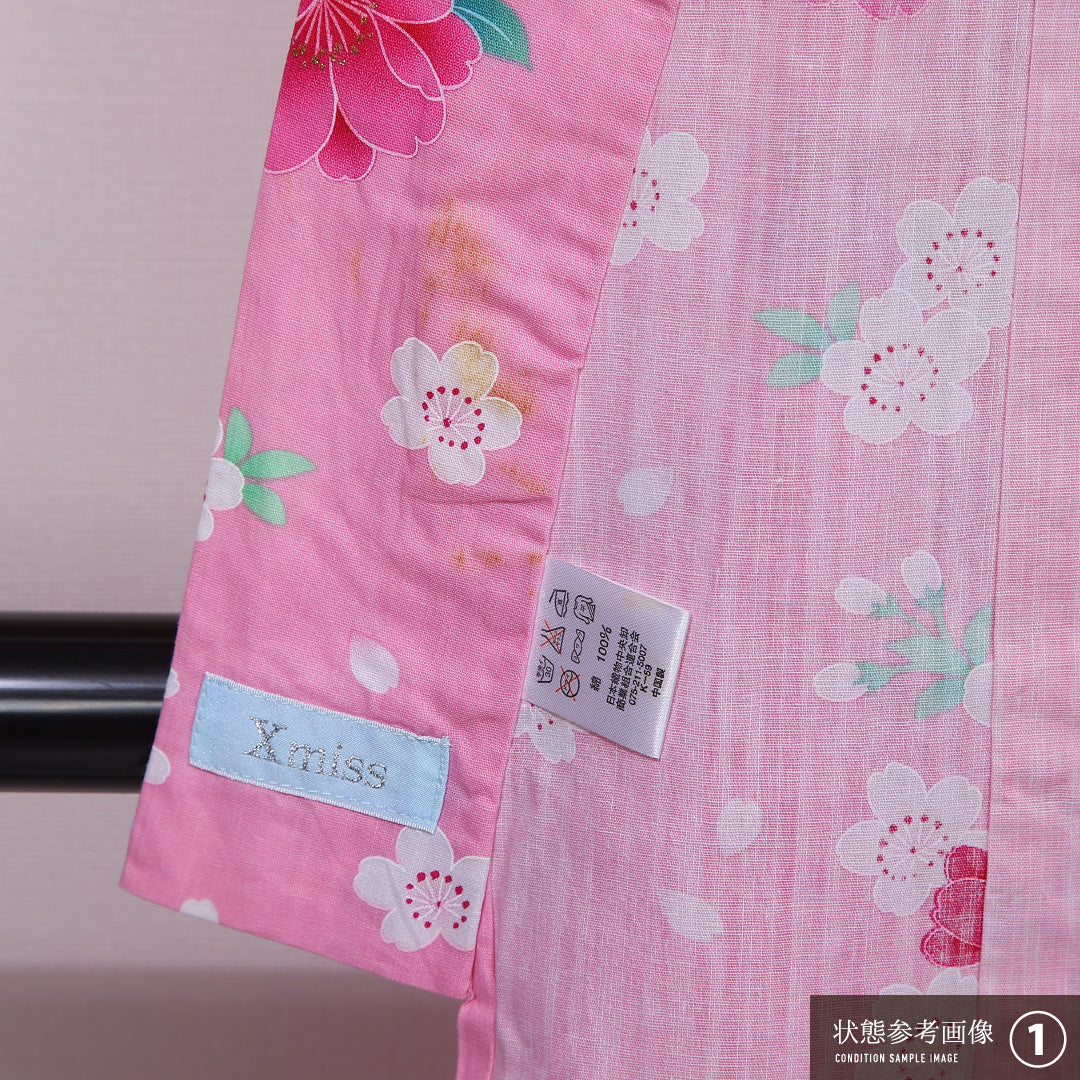 夏物 浴衣 身丈165cm 裄丈66.5cm Aランク XL 木綿 洗える着物 夏物 バチ衿 牡丹 桜 梅 カジュアル ピンク系 1218-12454