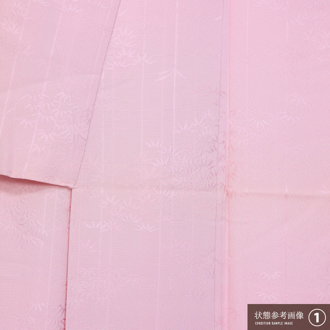 色無地 袷 身丈159cm 裄丈63cm 正絹 Aランク 一つ紋 (五三桐) 紋意匠 (笹) セミフォーマル 広衿 Mサイズ 無地 ピンク系 M4 1219-11529