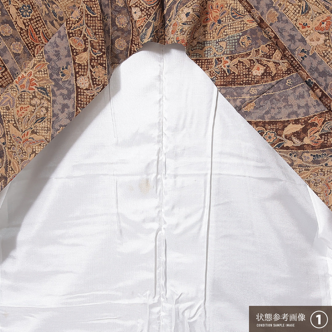 小紋 袷 身丈162cm 裄丈64cm 正絹 Aランク インフォーマル 広衿 Lサイズ 更紗 花柄 茶系 RP 1221-14915